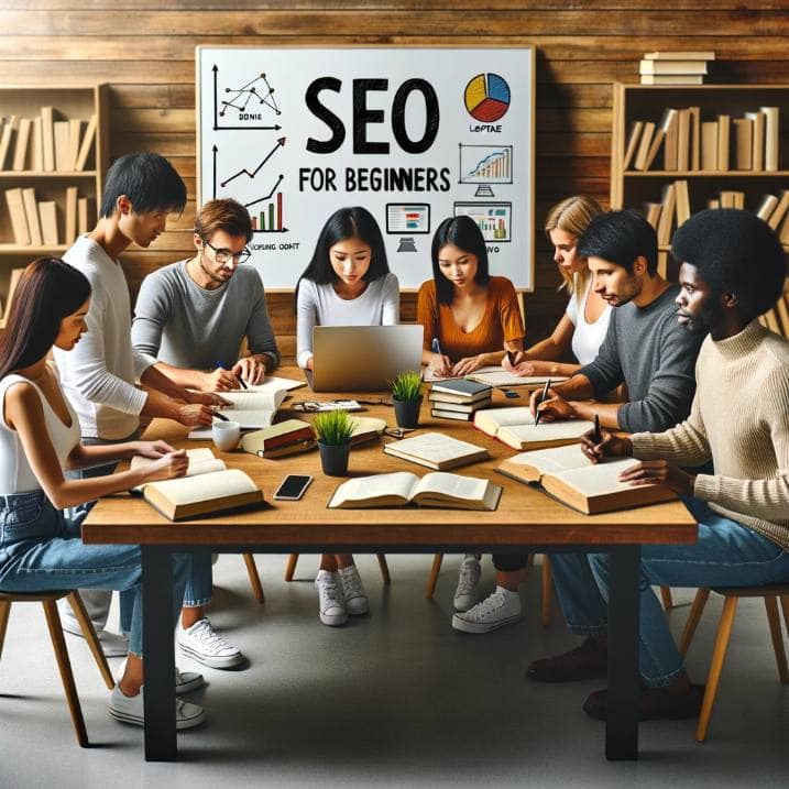 Step-by-Step SEO Tutorial for Beginners: Optimizing Content for a Wasp Spray Pest Control Company - Photo of a diverse group of people sitting at a large wooden table, engrossed in studying SEO materials. There are books, laptops, and charts scattered around. An Asian male points at a laptop screen showing a graph, while an African female next to him jots down notes. On the wall, there's a whiteboard with the words 'SEO for Beginners' written prominently.